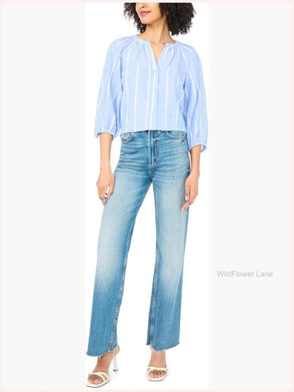 Striped 3/4 Raglan Sleeve Button Down Blouse